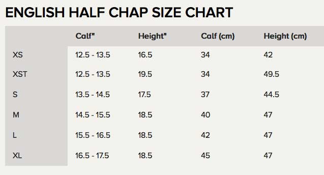 Half Chap Size Chart