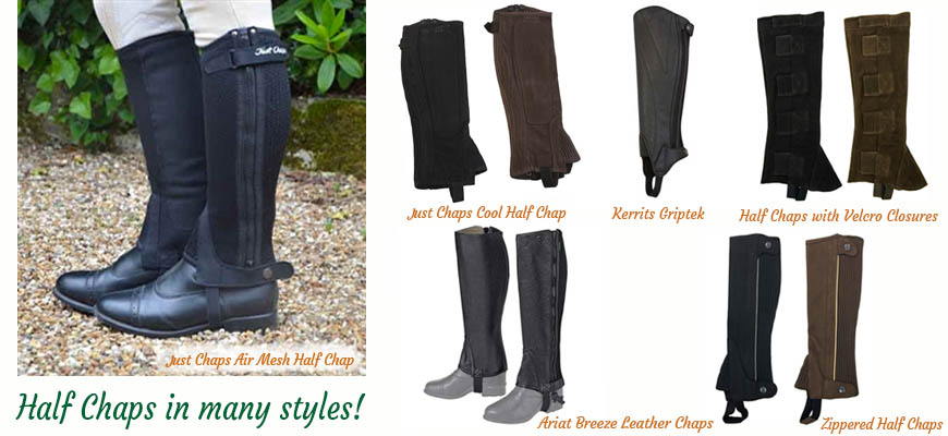 Half Chaps, boots, spurs and gloves, for sale, for horseback riding.